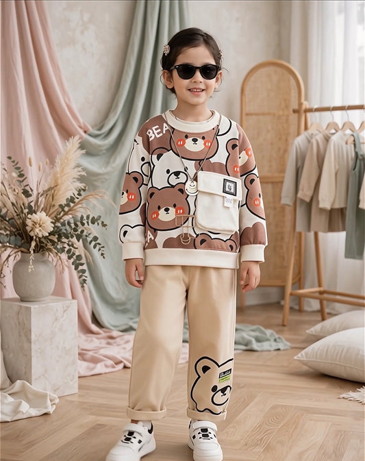 White Cute Bear Winter Tracksuit For Kids