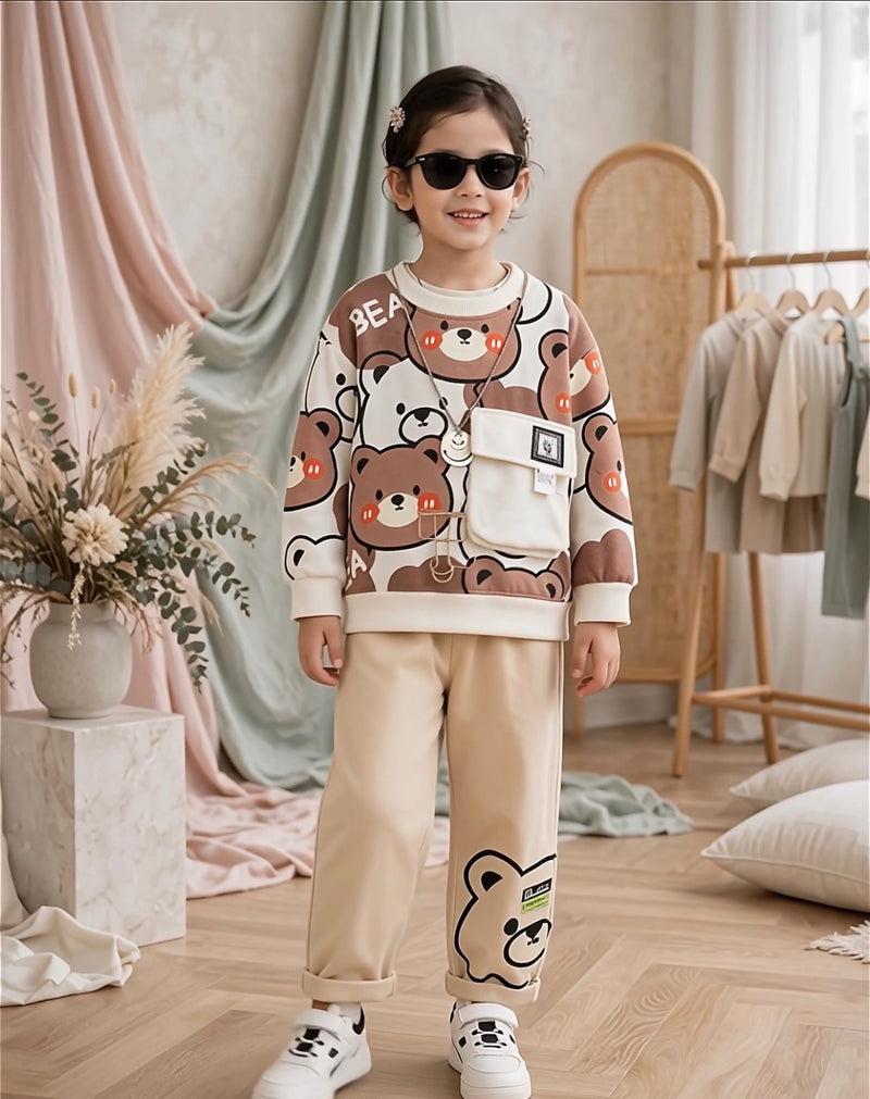 White Cute Bear Winter Tracksuit For Kids