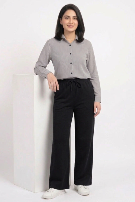 Grey Striped Button Down Full Sleeve Shirt For Women