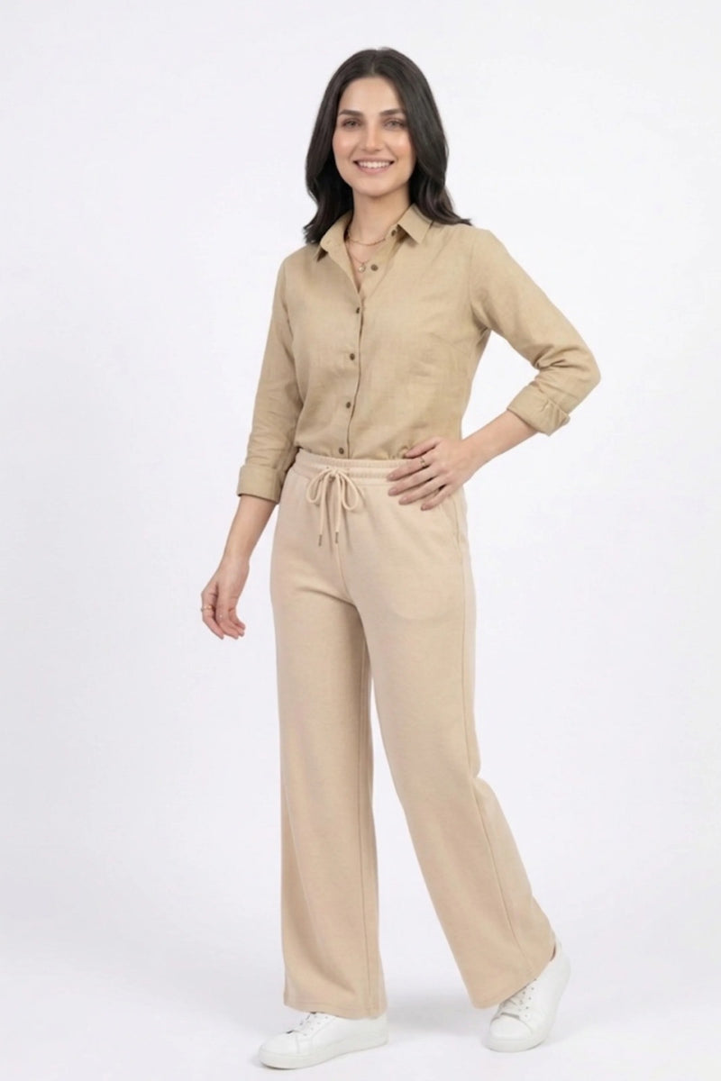 Beige Button Down Full Sleeve Shirt For Women
